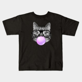 Cute fluffy hipster cat and a pink bubble gum Kids T-Shirt